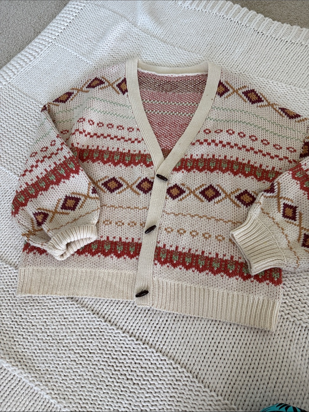 Cream Fair Isle Button Cardigan with Rust & Olive Accents